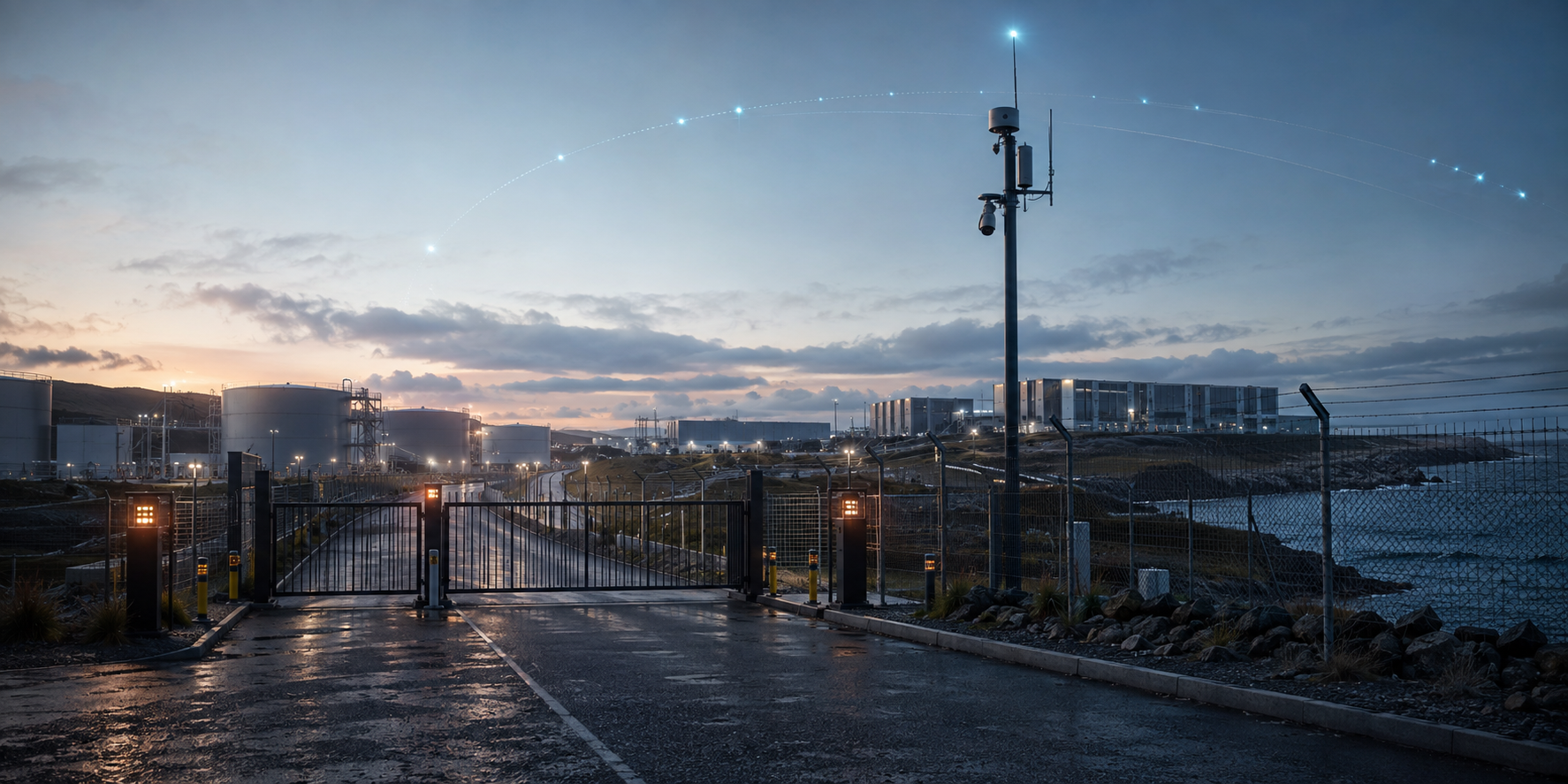 Secured perimeter gate at a coastal energy and data site at dusk with a sensor and camera mast