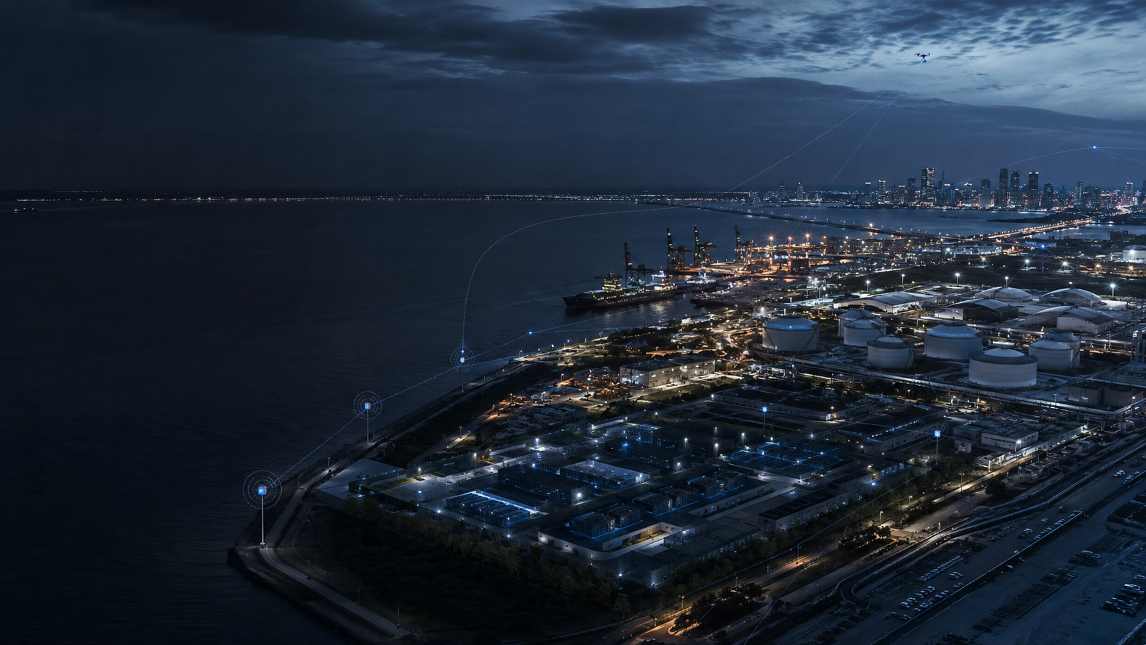 Aerial view at night of a coastal port, energy terminal and data-center campus